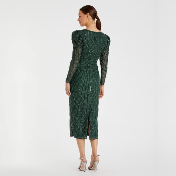 NWT Mac Duggal Beaded Lace Long Sleeve Midi Dress Deep Green 2 #8541 - Picture 4 of 8